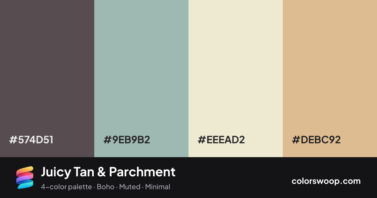 Juicy Tan & Parchment color palette card: Graphite #574D51, Ash #9EB9B2, Parchment #EEEAD2, Tan #DEBC92