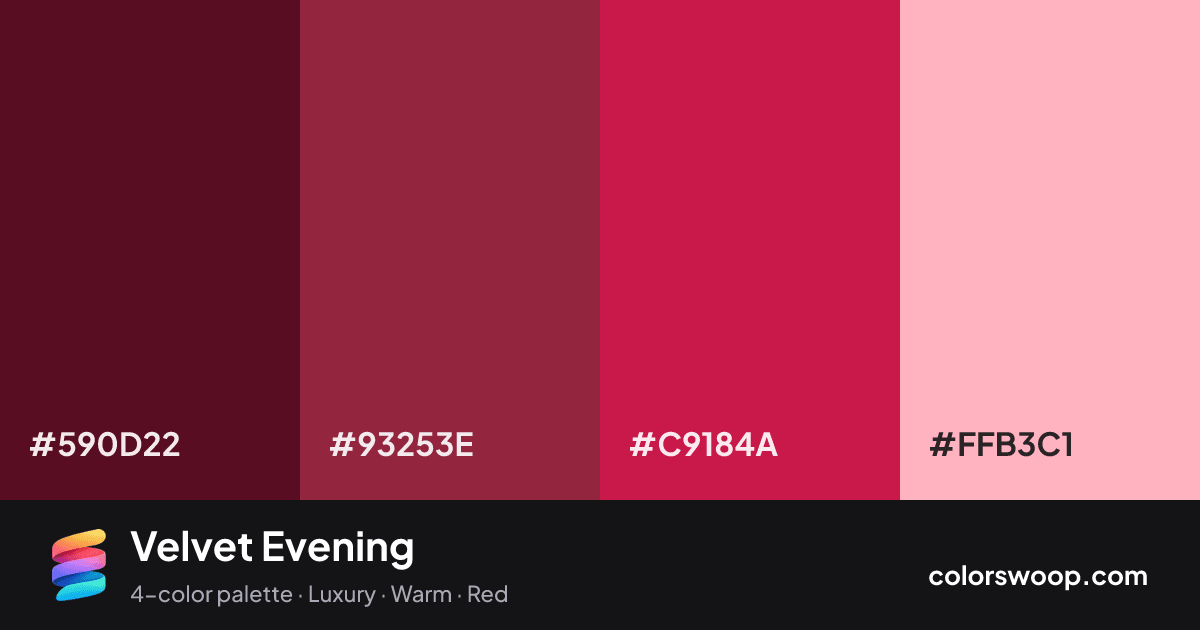 Velvet Evening color palette card: Rosewood #590D22, Brick Red #93253E, Cherry #C9184A, Pink #FFB3C1