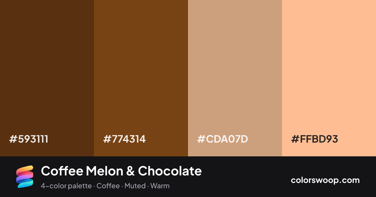 Coffee Melon & Chocolate color palette card: Taupe #593111, Chocolate #774314, Latte #CDA07D, Melon #FFBD93