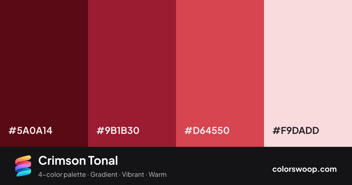 Crimson Tonal color palette card: Rosewood #5A0A14, Cranberry #9B1B30, Punch #D64550, Ballet #F9DADD