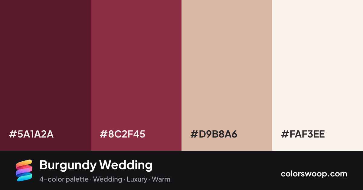 Burgundy Wedding color palette card: Rosewood #5A1A2A, Brick Red #8C2F45, Putty #D9B8A6, Smoke #FAF3EE