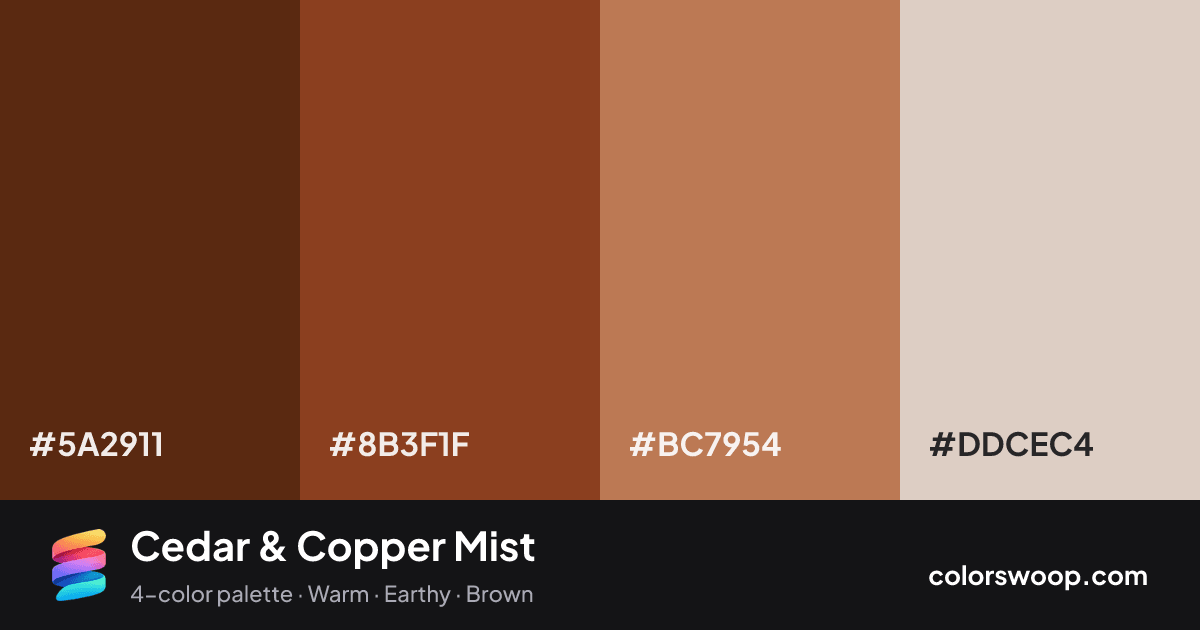 Cedar & Copper Mist color palette card: Taupe #5A2911, Cedar #8B3F1F, Copper #BC7954, Fog #DDCEC4