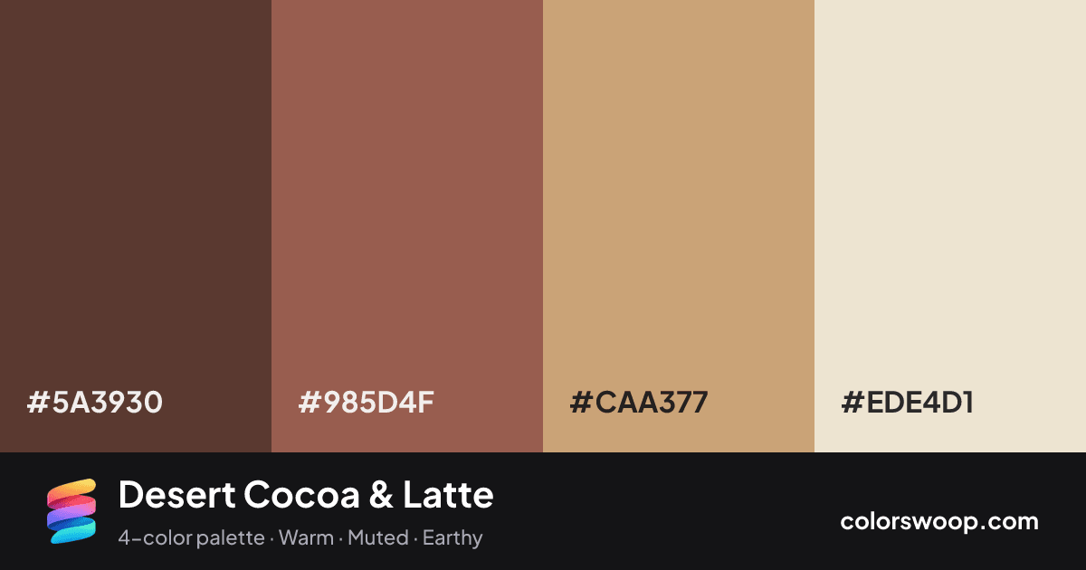 Desert Cocoa & Latte color palette card: Walnut #5A3930, Cocoa #985D4F, Latte #CAA377, Pearl #EDE4D1
