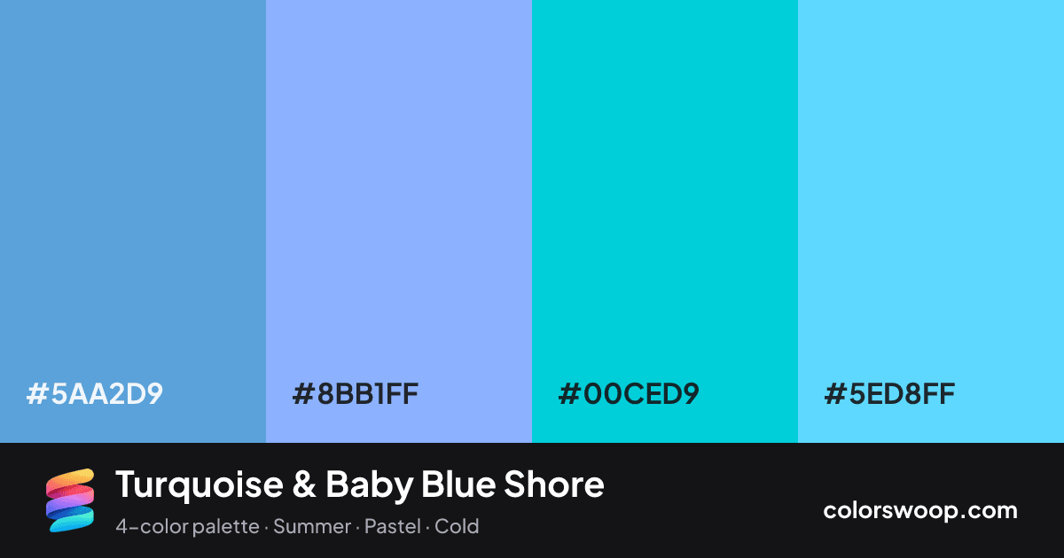 Turquoise & Baby Blue Shore color palette card: Blue Gray #5AA2D9, Baby Blue #8BB1FF, Turquoise #00CED9, Baby Blue #5ED8FF