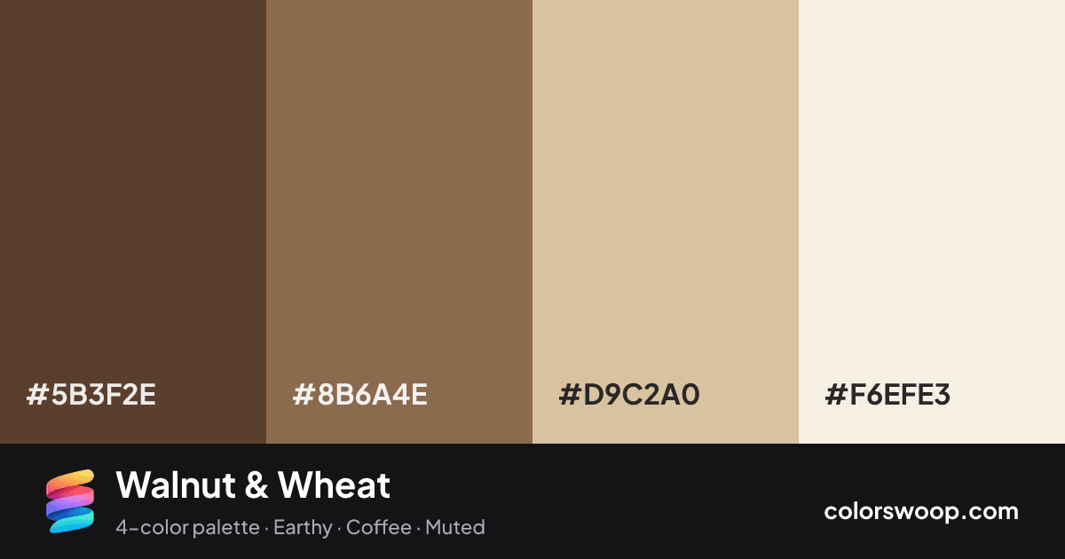Walnut & Wheat color palette card: Walnut #5B3F2E, Cocoa #8B6A4E, Putty #D9C2A0, Linen #F6EFE3