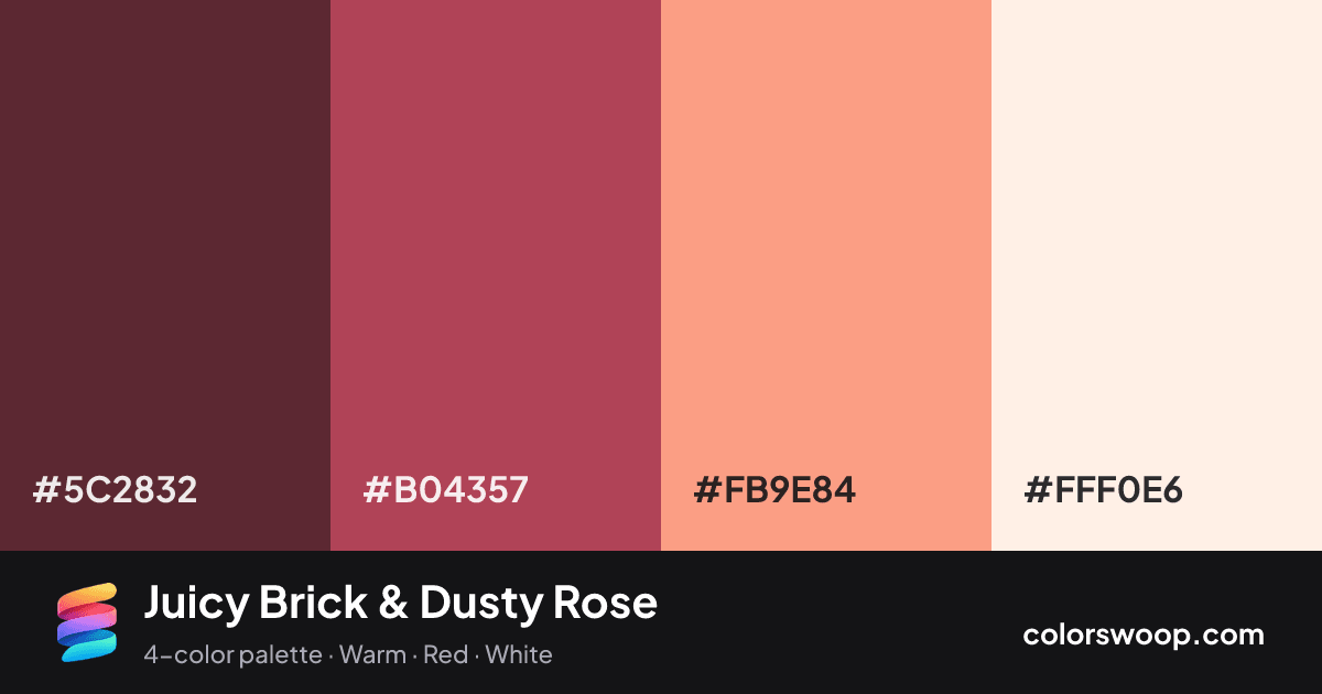 Juicy Brick & Dusty Rose color palette card: Plum Purple #5C2832, Brick #B04357, Dusty Rose #FB9E84, Linen #FFF0E6