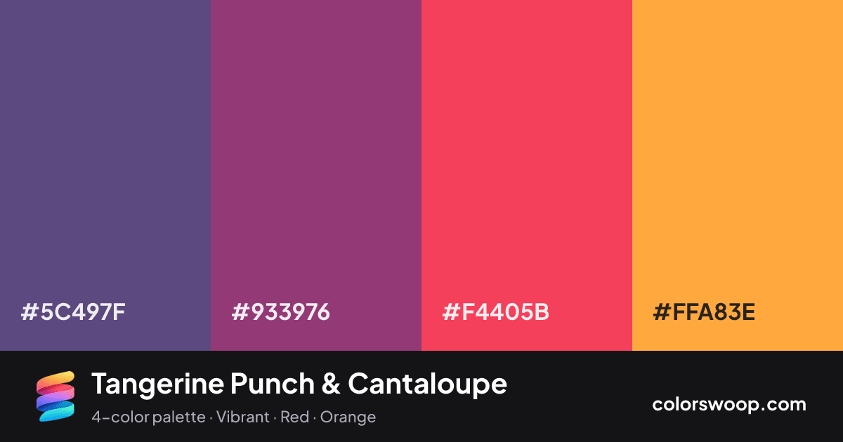 Tangerine Punch & Cantaloupe color palette card: Dusk #5C497F, Plum #933976, Punch #F4405B, Cantaloupe #FFA83E