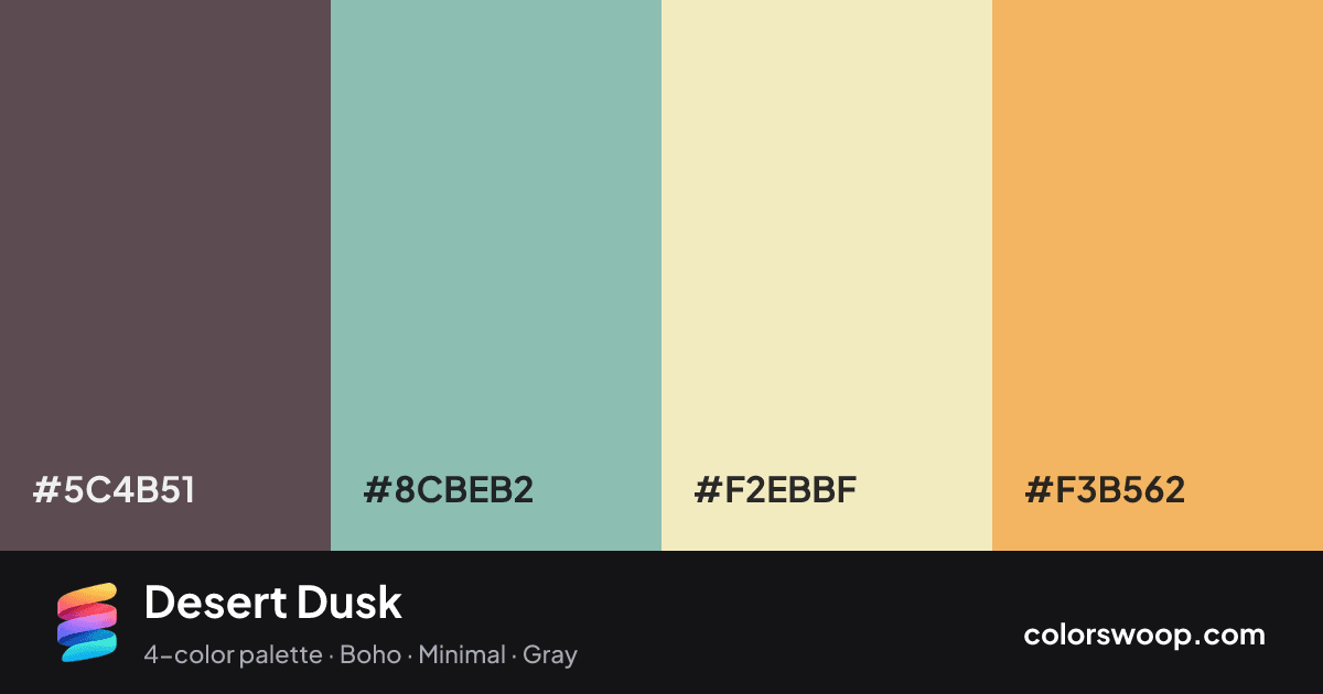 Desert Dusk color palette card: Umber #5C4B51, Ash #8CBEB2, Peach #F2EBBF, Cantaloupe #F3B562
