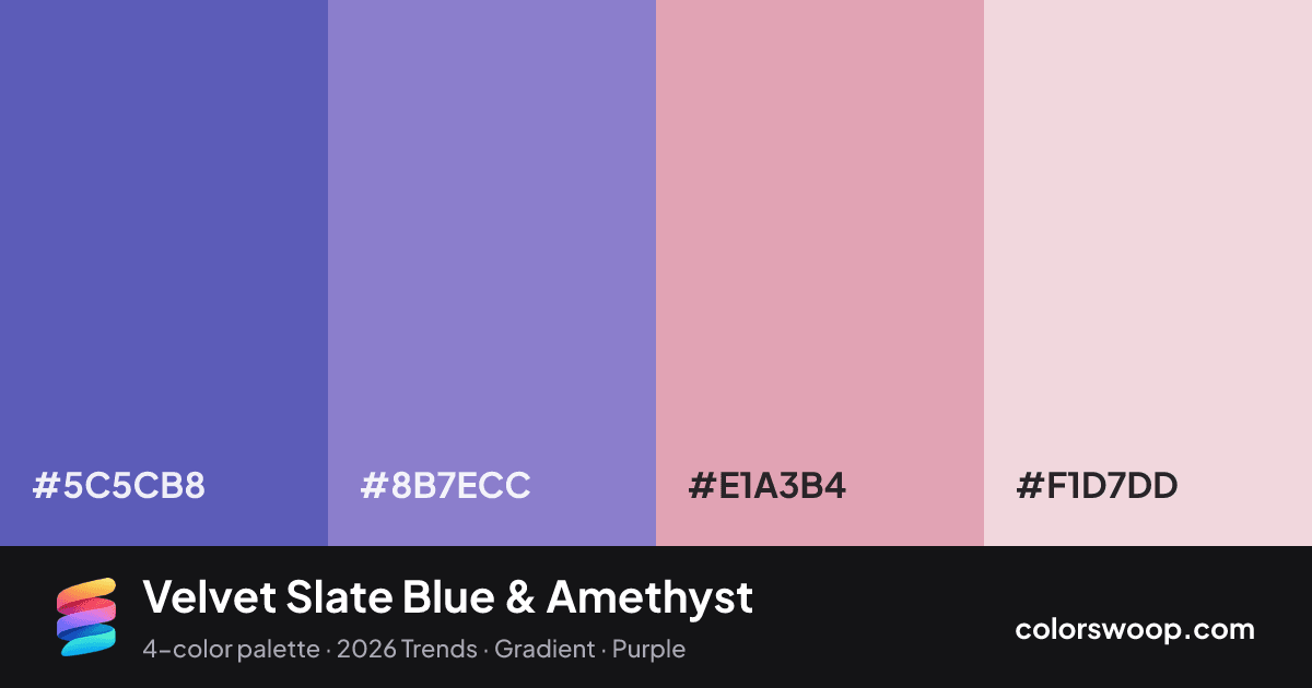 Velvet Slate Blue & Amethyst color palette card: Slate Blue #5C5CB8, Amethyst #8B7ECC, Lilac #E1A3B4, Ballet #F1D7DD