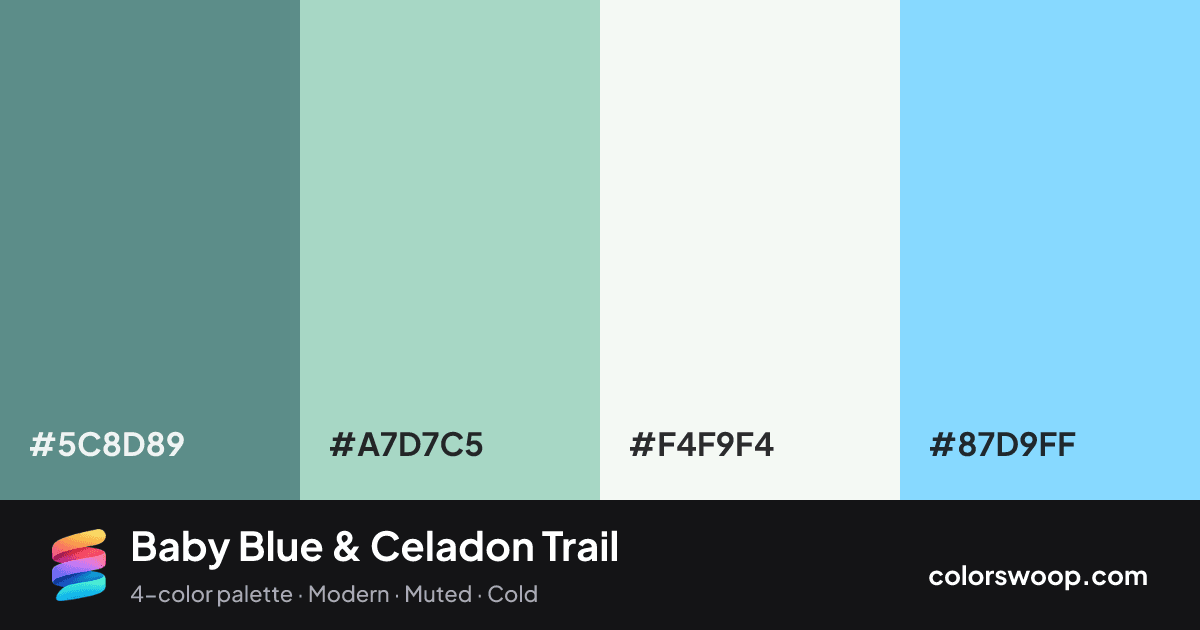 Baby Blue & Celadon Trail color palette card: Slate #5C8D89, Celadon #A7D7C5, Smoke #F4F9F4, Baby Blue #87D9FF