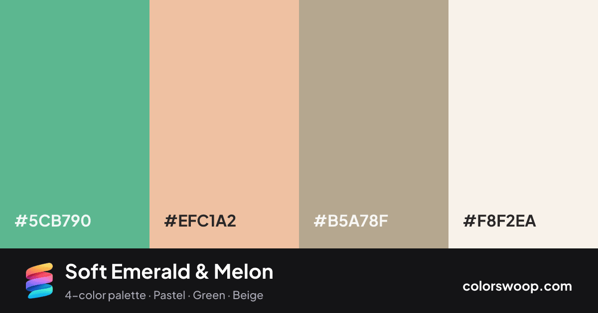 Soft Emerald & Melon color palette card: Emerald #5CB790, Melon #EFC1A2, Dust #B5A78F, Linen #F8F2EA
