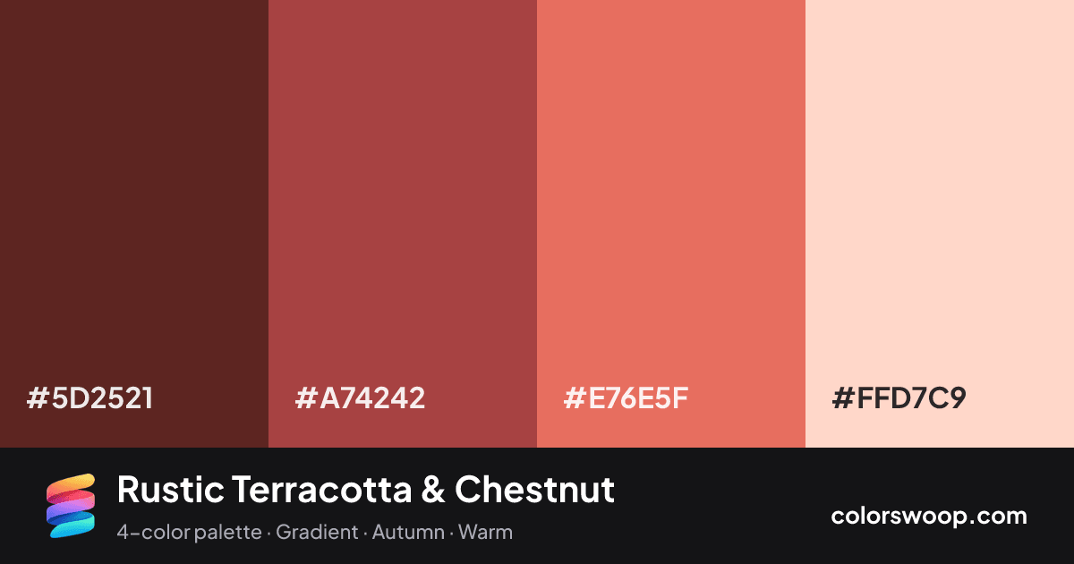 Rustic Terracotta & Chestnut color palette card: Rosewood #5D2521, Chestnut #A74242, Terracotta #E76E5F, Peach Puff #FFD7C9