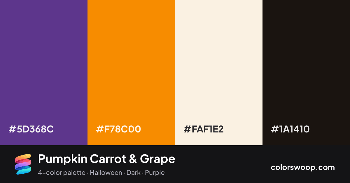 Pumpkin Carrot & Grape color palette card: Grape #5D368C, Carrot #F78C00, Linen #FAF1E2, Licorice #1A1410