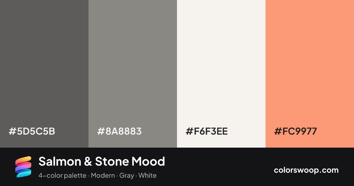 Salmon & Stone Mood color palette card: Storm #5D5C5B, Stone #8A8883, Smoke #F6F3EE, Salmon #FC9977