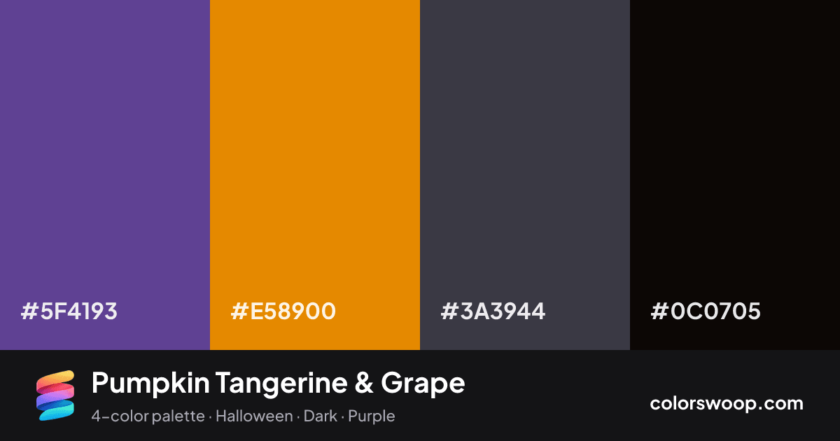 Pumpkin Tangerine & Grape color palette card: Grape #5F4193, Tangerine #E58900, Iron #3A3944, Obsidian #0C0705