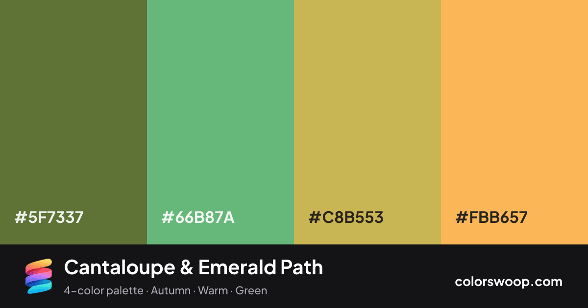 Cantaloupe & Emerald Path color palette card: Fern #5F7337, Emerald #66B87A, Mustard #C8B553, Cantaloupe #FBB657