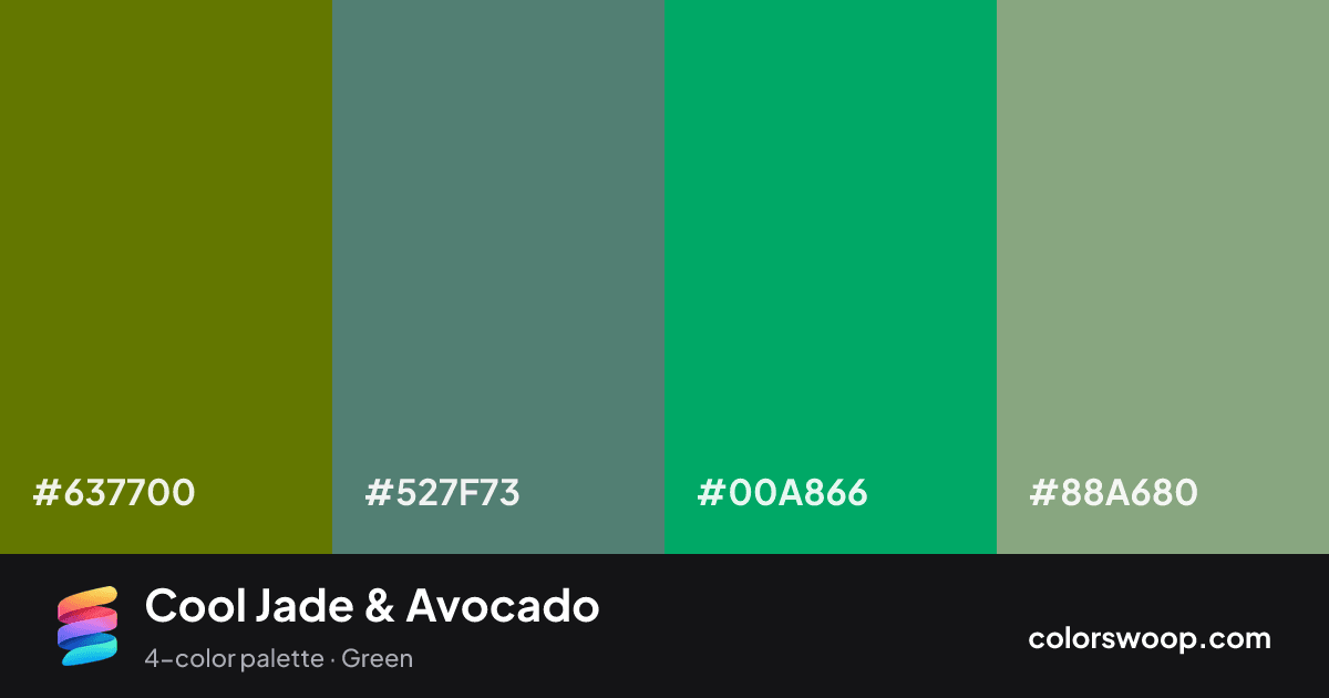 Cool Jade & Avocado color palette card: Avocado #637700, Teal #527F73, Jade #00A866, Sage #88A680