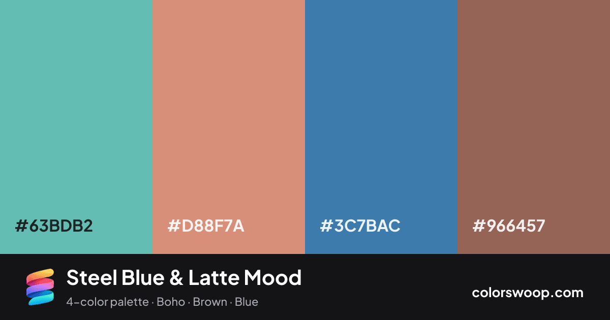 Steel Blue & Latte Mood color palette card: Sage #63BDB2, Latte #D88F7A, Steel Blue #3C7BAC, Cocoa #966457