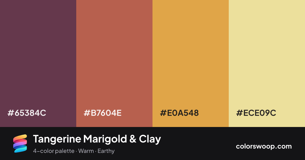 Tangerine Marigold & Clay color palette card: Plum Purple #65384C, Clay #B7604E, Marigold #E0A548, Vanilla #ECE09C