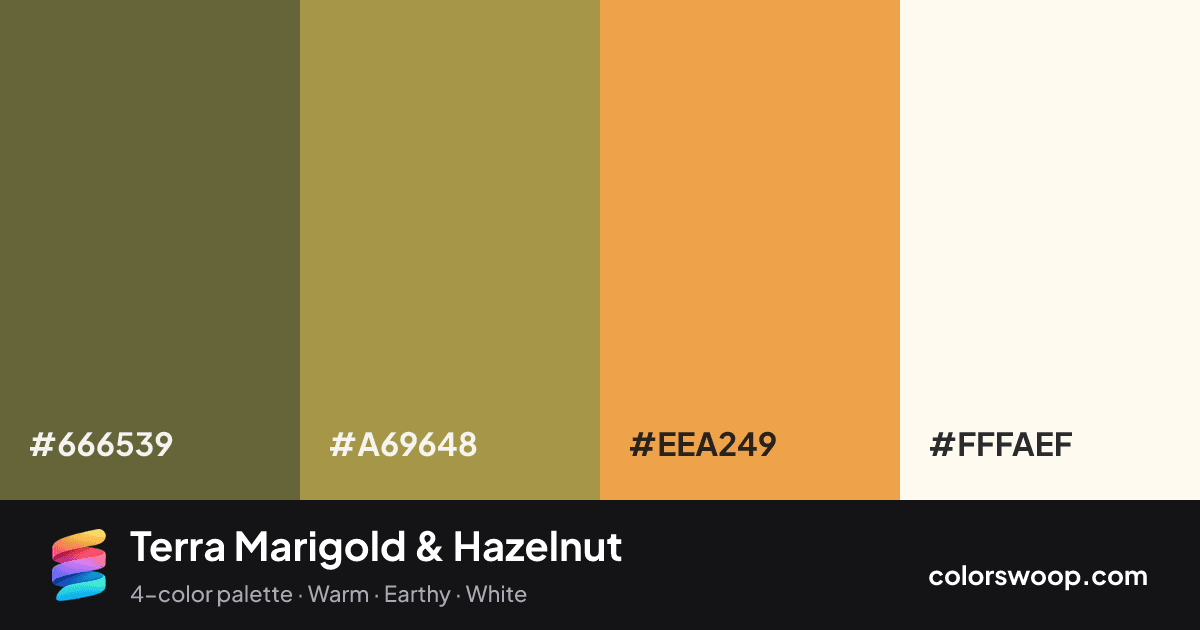 Terra Marigold & Hazelnut color palette card: Cocoa #666539, Hazelnut #A69648, Marigold #EEA249, Ivory #FFFAEF
