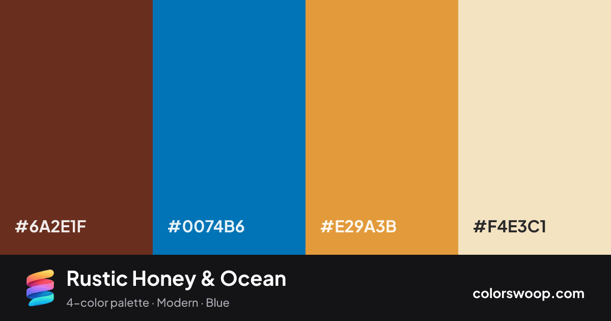 Rustic Honey & Ocean color palette card: Wine #6A2E1F, Ocean #0074B6, Honey #E29A3B, Bisque #F4E3C1