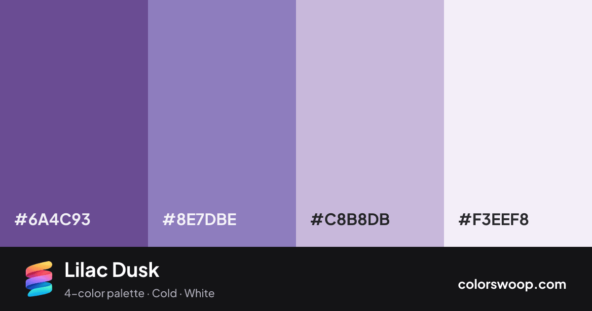 Lilac Dusk color palette card: Dusk #6A4C93, Amethyst #8E7DBE, Thistle #C8B8DB, Frost #F3EEF8