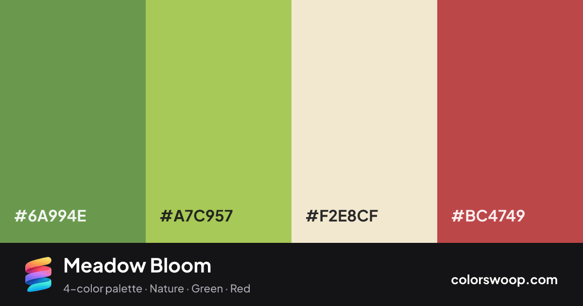 Meadow Bloom color palette card: Basil #6A994E, Pistachio #A7C957, Parchment #F2E8CF, Paprika #BC4749