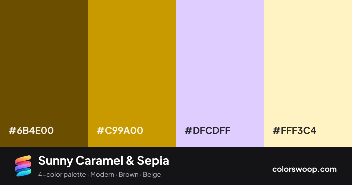 Sunny Caramel & Sepia color palette card: Sepia #6B4E00, Caramel #C99A00, Periwinkle #DFCDFF, Buttercream #FFF3C4