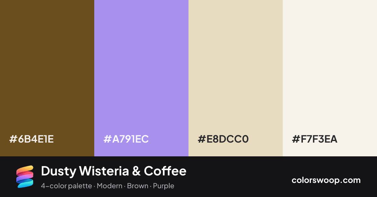 Dusty Wisteria & Coffee color palette card: Coffee #6B4E1E, Wisteria #A791EC, Pearl #E8DCC0, Linen #F7F3EA