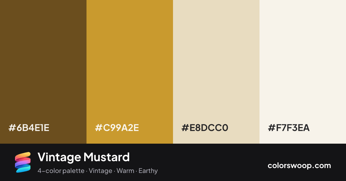 Vintage Mustard color palette card: Coffee #6B4E1E, Caramel #C99A2E, Pearl #E8DCC0, Linen #F7F3EA