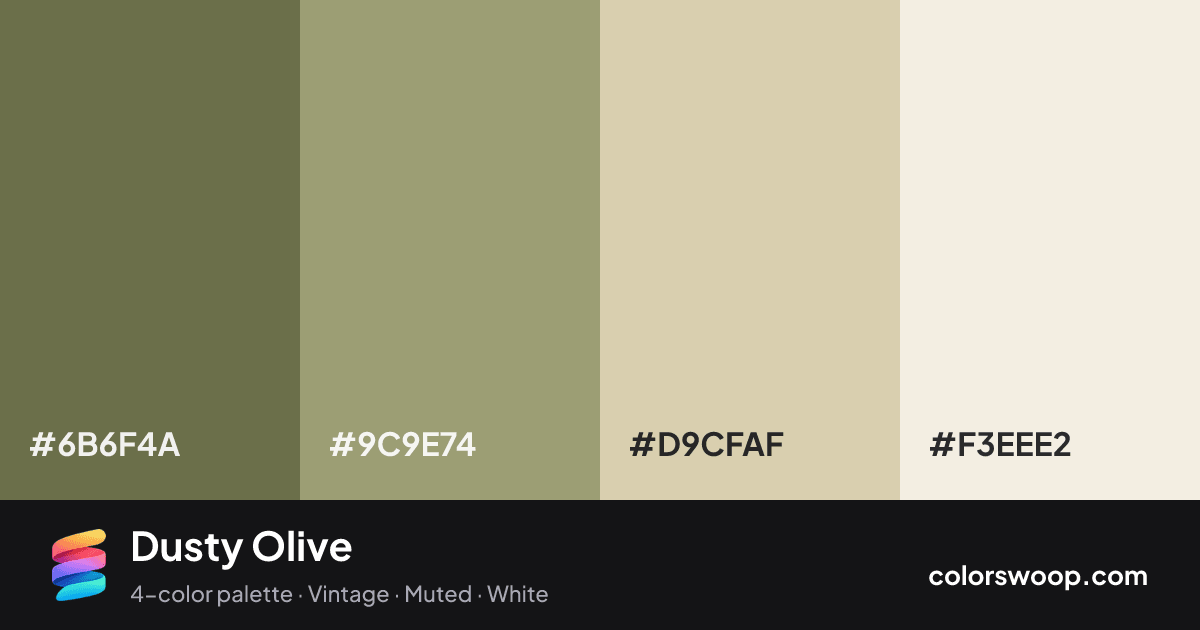 Dusty Olive color palette card: Fern #6B6F4A, Moss #9C9E74, Oat #D9CFAF, Linen #F3EEE2