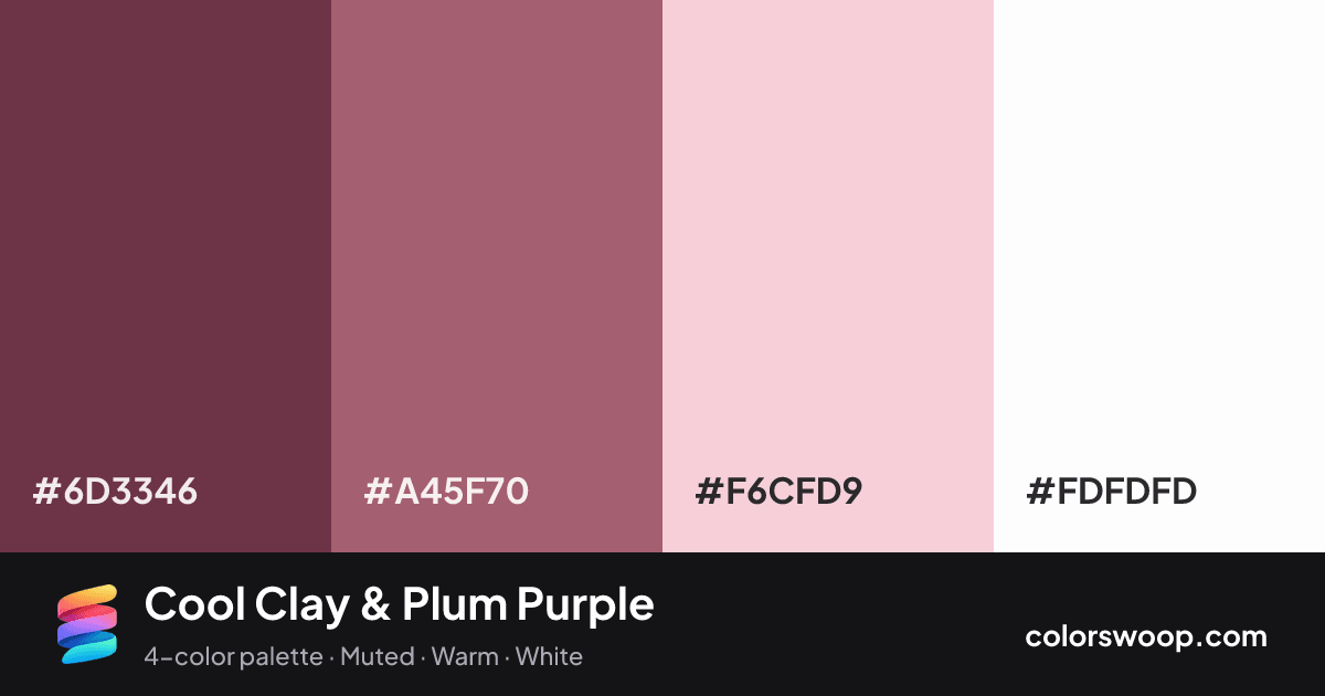 Cool Clay & Plum Purple color palette card: Plum Purple #6D3346, Clay #A45F70, Ballet #F6CFD9, White #FDFDFD