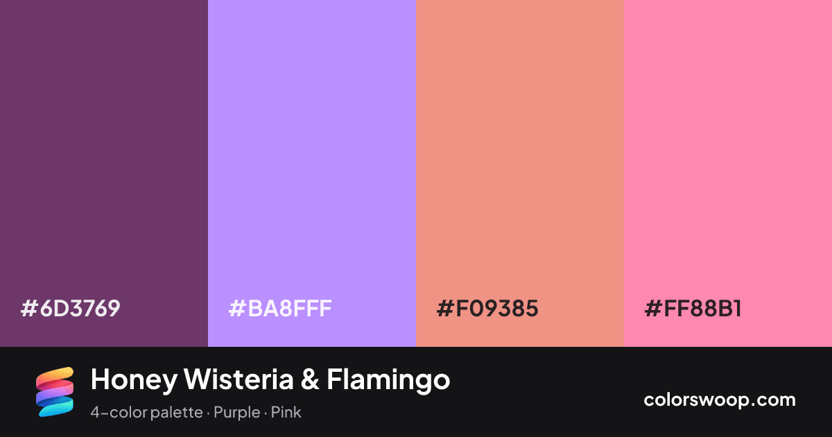 Honey Wisteria & Flamingo color palette card: Eggplant #6D3769, Wisteria #BA8FFF, Tulip #F09385, Flamingo #FF88B1