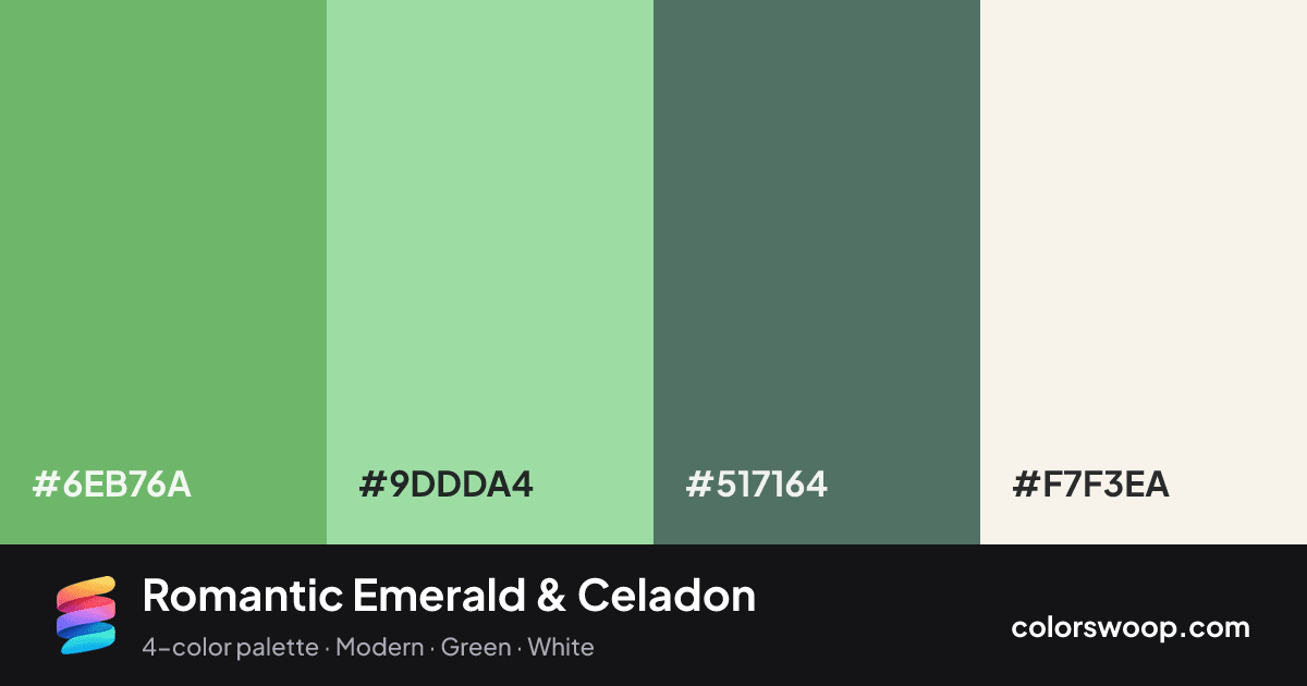 Romantic Emerald & Celadon color palette card: Emerald #6EB76A, Celadon #9DDDA4, Storm #517164, Linen #F7F3EA