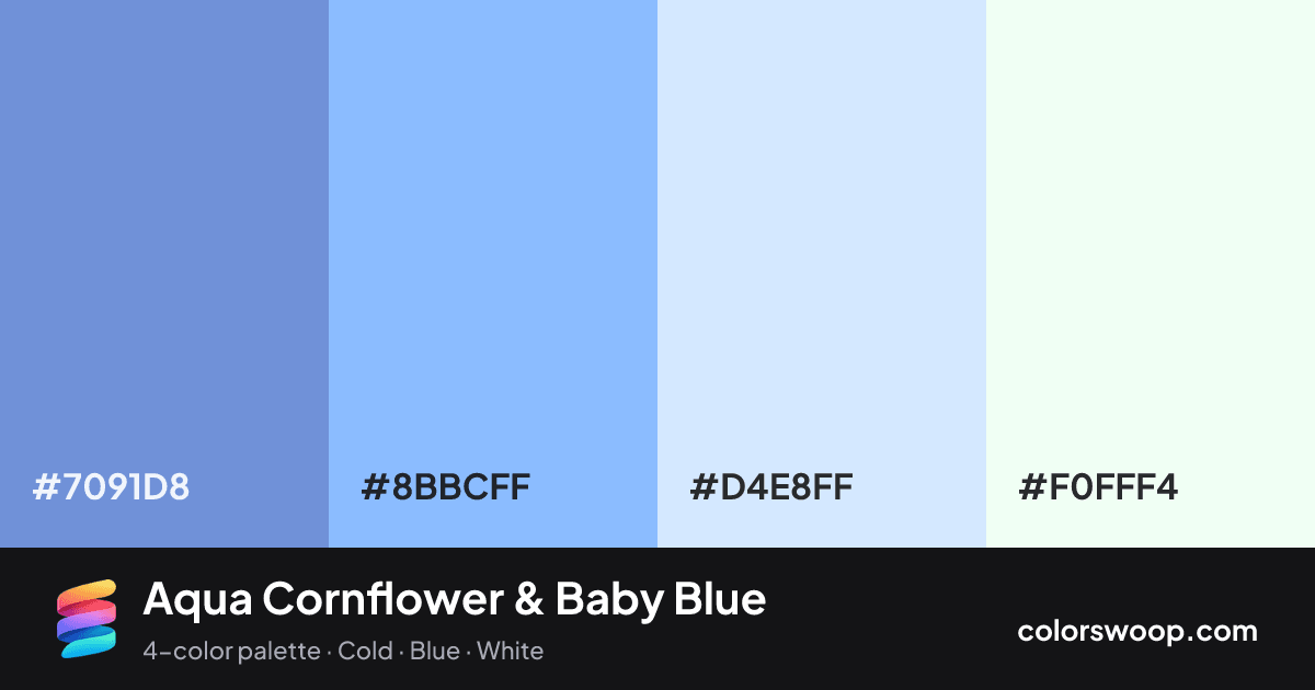 Aqua Cornflower & Baby Blue color palette card: Cornflower #7091D8, Baby Blue #8BBCFF, Lavender #D4E8FF, Ivory #F0FFF4
