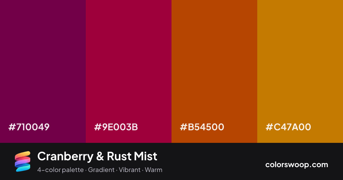 Cranberry & Rust Mist color palette card: Plum Purple #710049, Cranberry #9E003B, Rust #B54500, Ochre #C47A00
