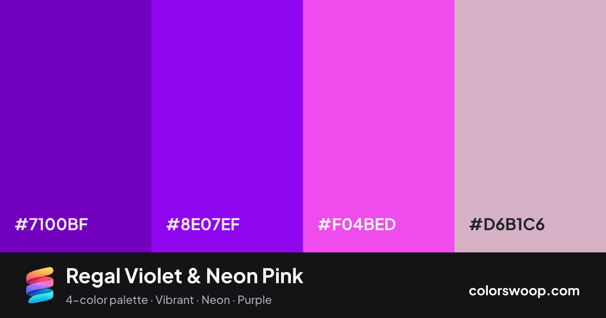 Regal Violet & Neon Pink color palette card: Grape #7100BF, Violet #8E07EF, Neon Pink #F04BED, Thistle #D6B1C6
