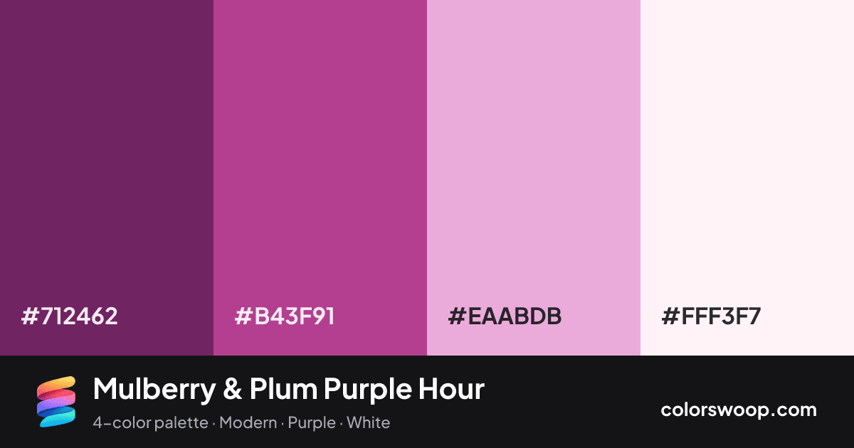Mulberry & Plum Purple Hour color palette card: Plum Purple #712462, Mulberry #B43F91, Mauve #EAABDB, Smoke #FFF3F7