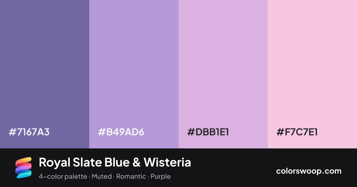 Royal Slate Blue & Wisteria color palette card: Slate Blue #7167A3, Wisteria #B49AD6, Thistle #DBB1E1, Cotton Candy #F7C7E1
