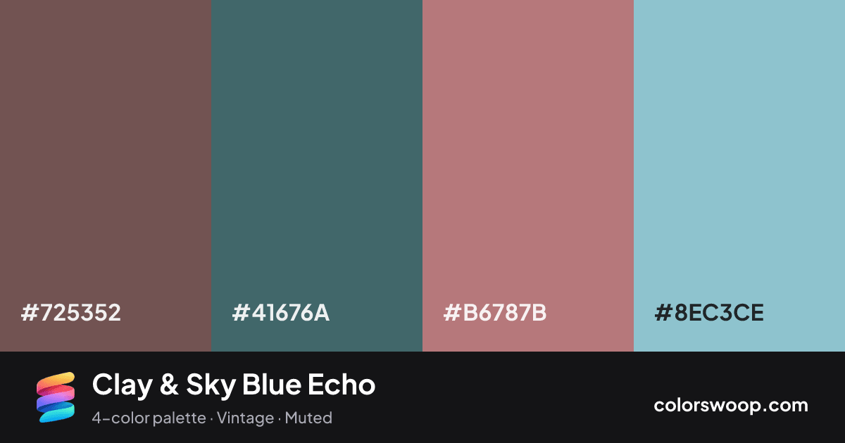 Clay & Sky Blue Echo color palette card: Umber #725352, Storm #41676A, Clay #B6787B, Sky Blue #8EC3CE