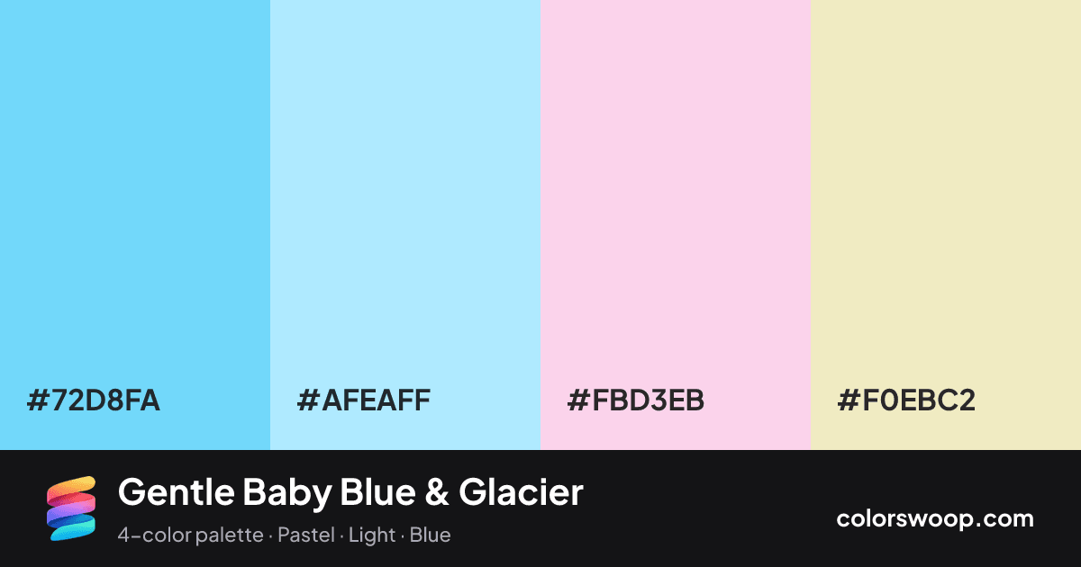 Gentle Baby Blue & Glacier color palette card: Baby Blue #72D8FA, Glacier #AFEAFF, Ballet #FBD3EB, Parchment #F0EBC2