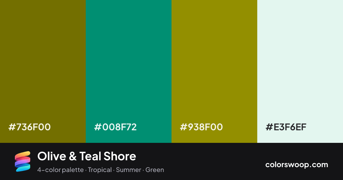 Olive & Teal Shore color palette card: Olive #736F00, Teal #008F72, Olive #938F00, Frost #E3F6EF