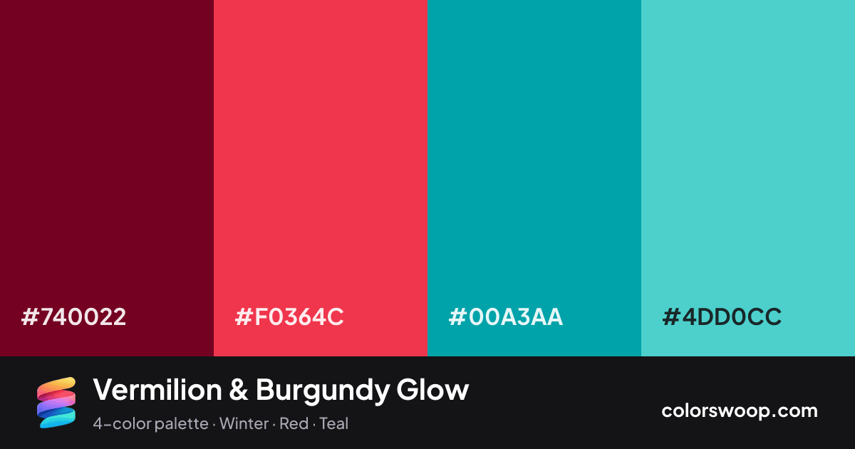 Vermilion & Burgundy Glow color palette card: Burgundy #740022, Vermilion #F0364C, Cadet #00A3AA, Turquoise #4DD0CC