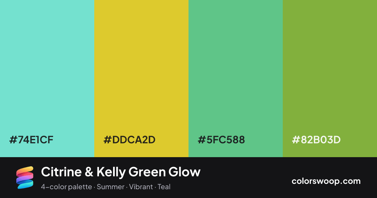 Citrine & Kelly Green Glow color palette card: Turquoise #74E1CF, Citrine #DDCA2D, Emerald #5FC588, Kelly Green #82B03D