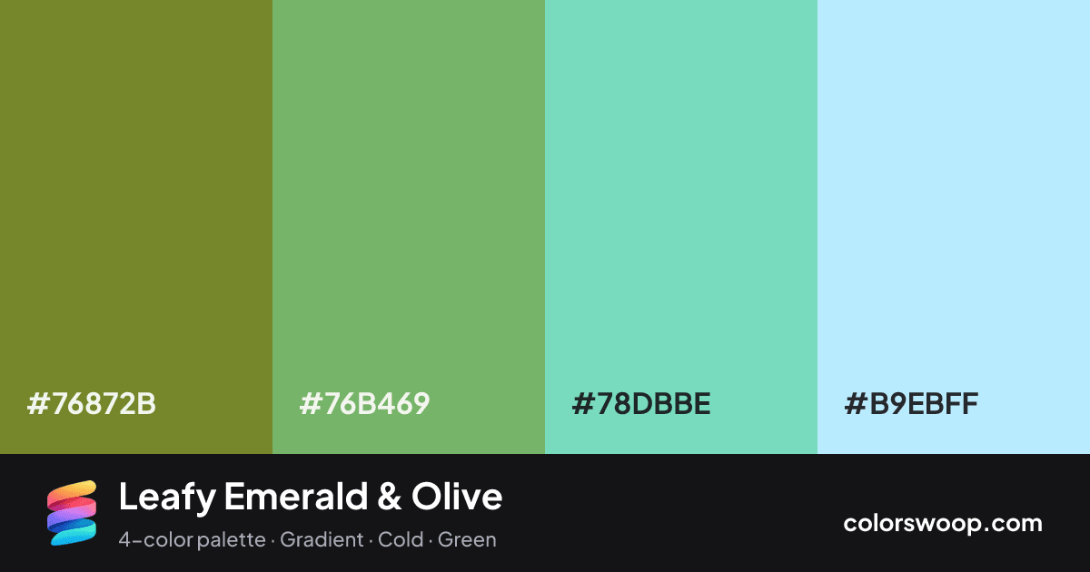 Leafy Emerald & Olive color palette card: Olive #76872B, Emerald #76B469, Turquoise #78DBBE, Glacier #B9EBFF