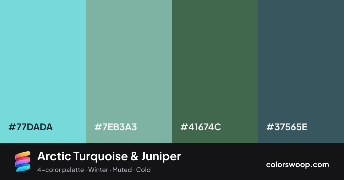 Arctic Turquoise & Juniper color palette card: Turquoise #77DADA, Sage #7EB3A3, Juniper #41674C, Peacock #37565E