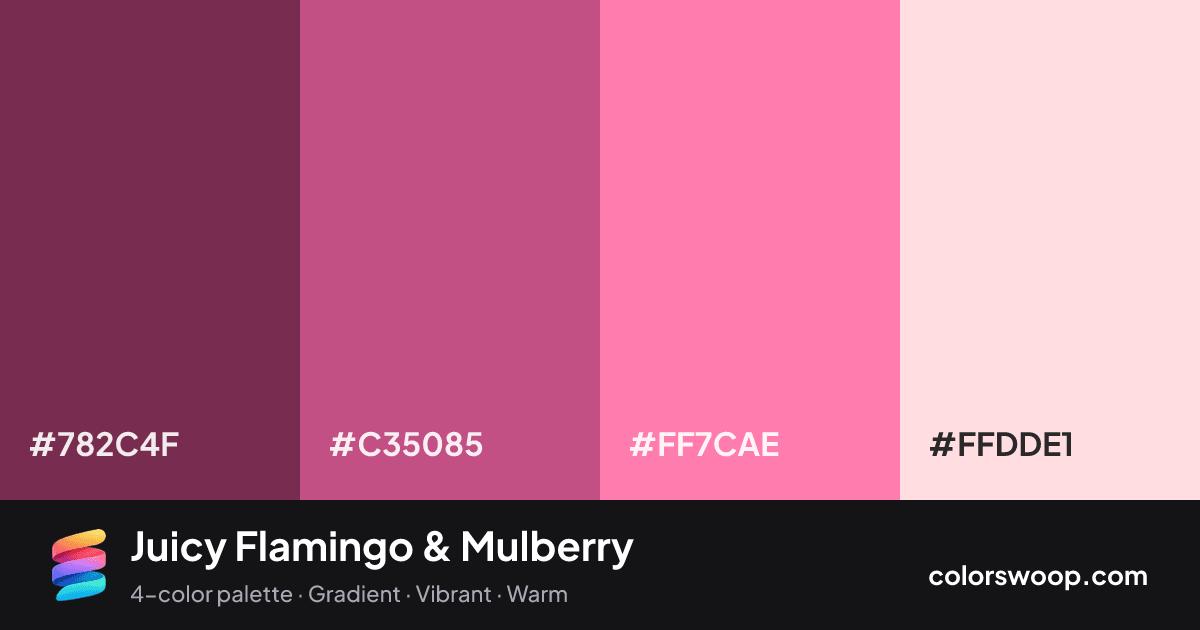 Juicy Flamingo & Mulberry color palette card: Plum Purple #782C4F, Mulberry #C35085, Flamingo #FF7CAE, Petal #FFDDE1