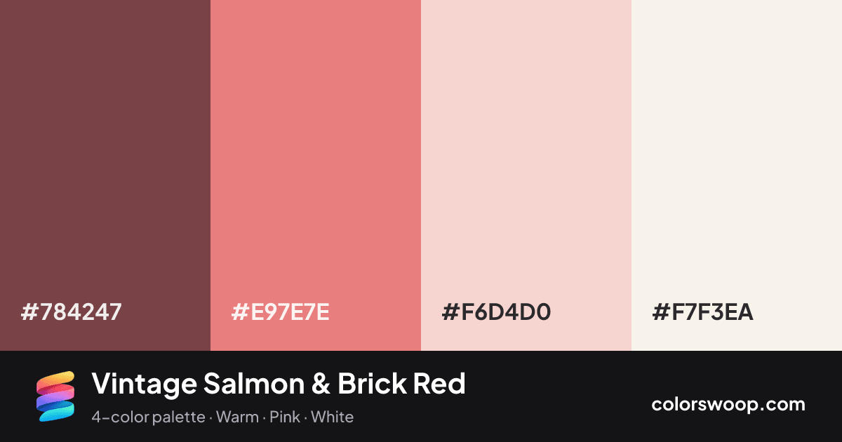 Vintage Salmon & Brick Red color palette card: Brick Red #784247, Salmon #E97E7E, Ballet #F6D4D0, Linen #F7F3EA