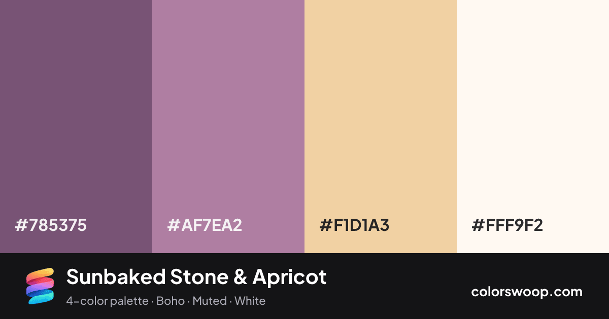 Sunbaked Stone & Apricot color palette card: Plum #785375, Stone #AF7EA2, Apricot #F1D1A3, Snow #FFF9F2