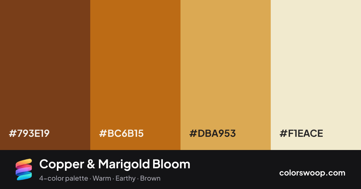 Copper & Marigold Bloom color palette card: Chocolate #793E19, Copper #BC6B15, Marigold #DBA953, Parchment #F1EACE